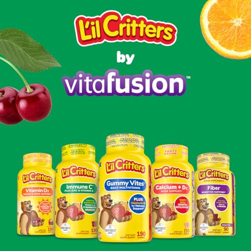 L’il Critters Immune C Daily Gummy Supplement Vitamin for Kids, for Vitamin C, D and Zinc for Immune Support, Orange, Lemon and Cherry Flavors, 190 Gummies