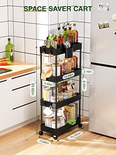 LEHOM Slim Rolling Storage Cart - 4 Tiers Bathroom Organizer Utility Cart Slide Out Storage Shelves Mobile Shelving Unit for Kitchen, Bedroom, Office, Laundry Room, Small Narrow Spaces Black