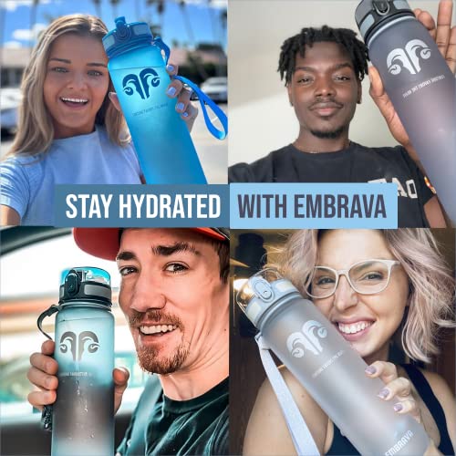 Embrava Best Sports Water Bottle - 32oz - Spill Proof & Lightweight - Perfect for Fitness & Outdoor Activities - Reusable Plastic - Narrow Mouth, Quart Sized - One-Click Water Bottle - Blue