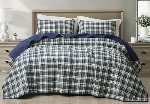 Chezmoi Collection Chad 2-Piece Printed Plaid Cotton Quilt Set Twin Size - Blue Green Light Beige Plaid - Stone Washed Cotton Breathable Lightweight Bedspread Set