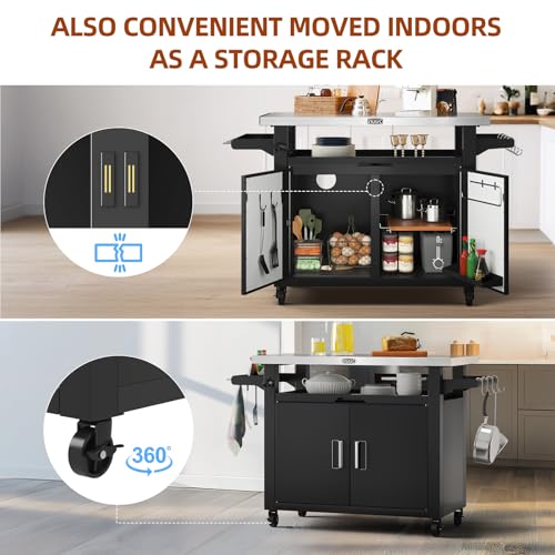 NUUK Outdoor Grill Cart with Storage Cabinet Metal Kitchen Island Prep Table with Movable Universal Wheels and Stainless Steel Top for Outside BBQ Backyard Include Hooks Spice Rack