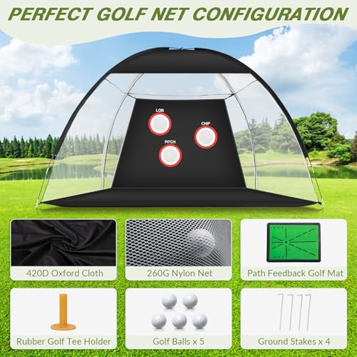 Golf Net: 10x7FT Golf Practice Net with Path Feedback Golf Mat, All in One Golf Hitting Net for Backyard Driving Golf Training Aid Nets, Indoor/Outdoor Multi-Targets Golf Chipping Net for Golf Lovers