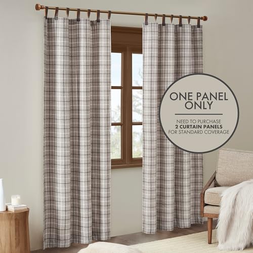 Madison Park Anaheim Cabin Plaid Curtain Window, Thermal Insulated Fleece Lining, Living Room Decor Light Blocking Drape for Bedroom, 1-Single Panel Pack, 50" x 84", Faux Leather Tab, Brown
