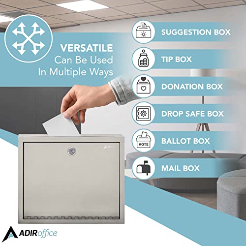 Adir Metal Suggestion Box with Lock and Slot, Wall Mount Deposit Box for Payments and Checks, Office Mail Box for Employees, Mailbox for House, Safe Drop Box with Keys - 3x10x12 Inch Beige
