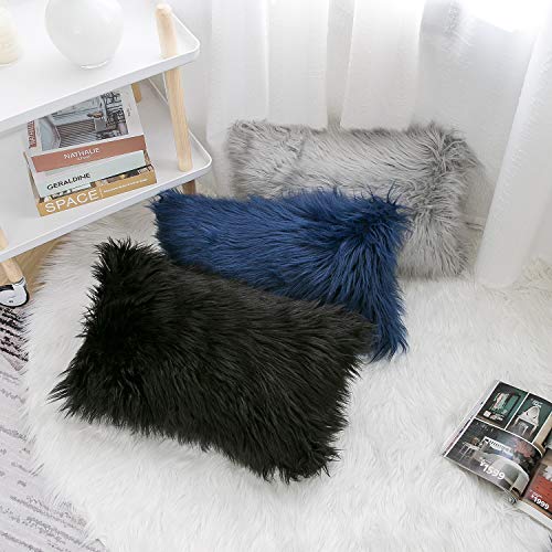 WLNUI Set of 2 Black Decorative Pillow Covers New Luxury Series Merino Style Faux Fur Fluffy Throw Pillow Covers Square Fuzzy Cushion Case 20x20 Inch