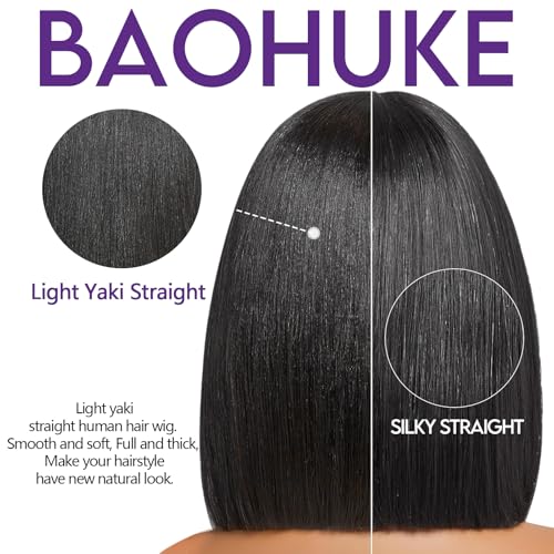 BAOHUKE 10 Inch Yaki Straight Bob Wig With Bangs Human Hair Glueless 2x1 Closure HD Lace Short Black Bob Wigs With Bang Human Hair Ready to Go 180% Density For Black Women
