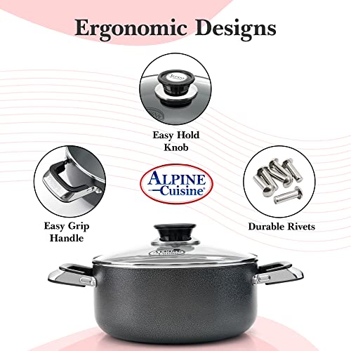Alpine Cuisine 5.5 Quart Non-stick Stock Pot with Tempered Glass Lid and Carrying Handles, Multi-Purpose Cookware Aluminum Dutch Oven for Braising, Boiling, Stewing