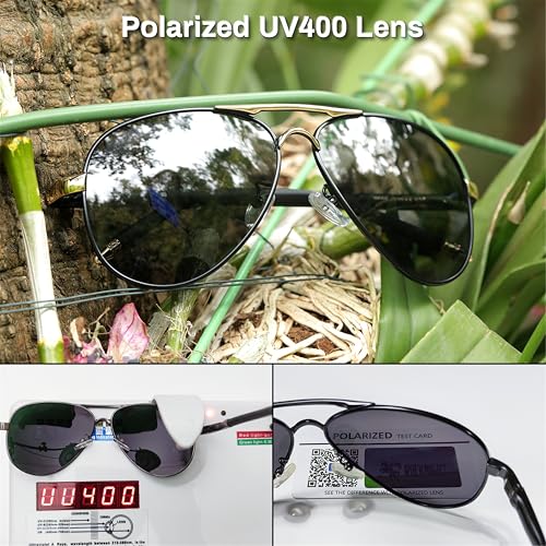 ROCKNIGHT Aviator Sunglasses for Men Polarized UV Protection Metal Frame Flat Top Sunglasses Black Grey Lens Lightweight Outdoors