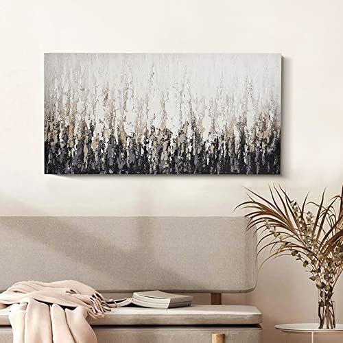 ArtbyHannah Oil Painting on Canvas DIY Kit - Hand-Painted Black and White Abstract Wall Art, 28x20 in to be Assembled Wall Decoration with Accessories - Textured Artwork