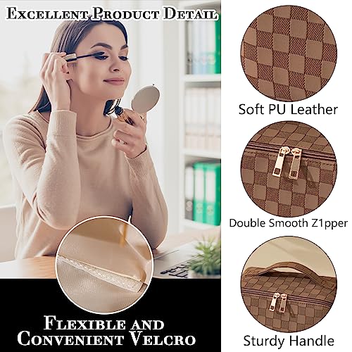 MINGRI Large Capacity Travel Cosmetic Bag for Women,Portable PU Leather Checkered Makeup Bag Water Resistant,Flat Open Multifunctional Storage Toiletry Bag with Divider and Handle (Brown)