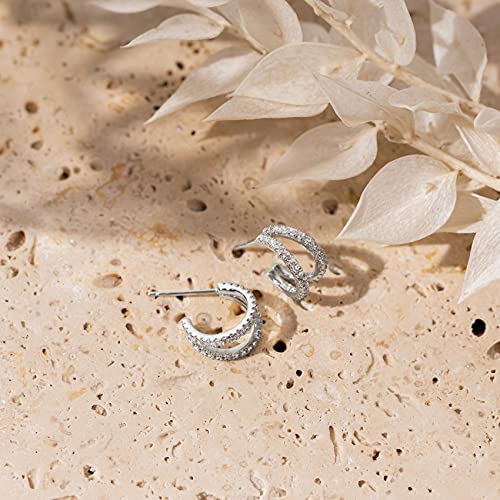 PAVOI 14K Gold Plated Sterling Silver Post Cubic Zirconia Infinite Split Hoop Huggie Earrings in White Gold