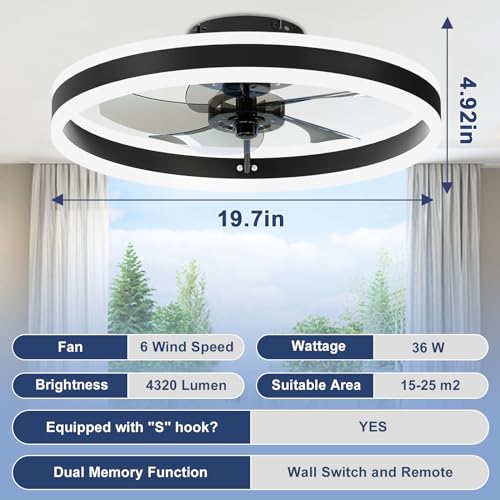 VOLISUN Fandelier Ceiling Fans with Lights and Remote, 15.7in Low Profile Ceiling Fan Flush Mount, 3000K-6500K Dimmable Bladeless LED Fan Light, Black Modern Ceiling Fans with Lights for Bedroom
