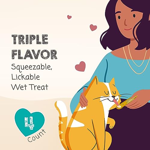 MEOWEE! Savory Spoonables with Real Chicken, Salmon & Duck, 4 Count Tube, Triple Flavor Squeezable Lickable Wet Treats for Cats with Built-in Spoon for Less Mess