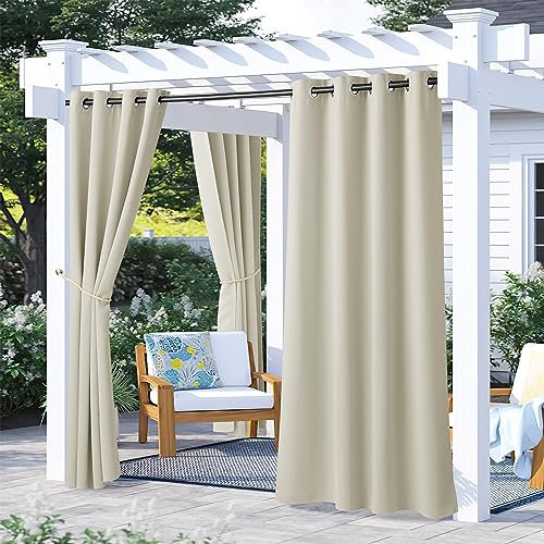 NICETOWN Patio Outdoor Curtain Waterproof, Thermal Insulated Stainless Steel Rustproof Grommet Blackout Indoor Outdoor Curtain/Drape for Party/Cottage, Sand, 1 Panel, W52 by L84