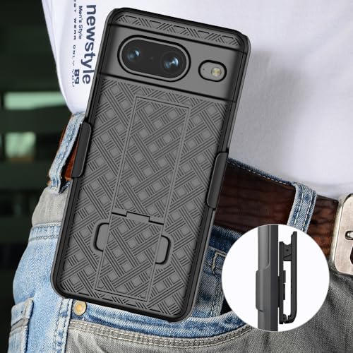 Case with Clip for Google Pixel 8, Nakedcellphone [Grid Texture] Slim Hard Shell Cover with Stand and [Rotating/Ratchet] Belt Hip Holster Holder Combo - Matte Black