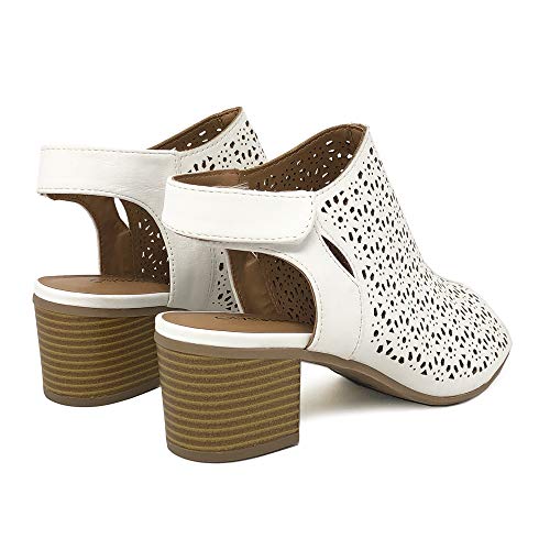 City Classified Footwear Women's Elect Caged Geometric Laser Cut Out Peep Toe Slingback Chunky Stacked Heel Ankle Bootie,White,5.5