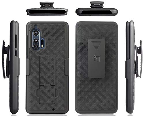 Case with Clip for Motorola Edge Plus, Nakedcellphone [Black Tread] Kickstand Cover with [Rotating/Ratchet] Belt Hip Holster Combo for Moto Edge+ (2020, XT2061)