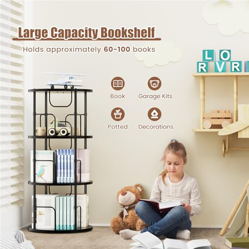 Rotating Bookshelf, 3 Tier Round Revolving Bookcase with Special Visible Partition Storage, 360° Display Spinning Bookshelf Tower Storage Organizer Rack for Bedroom, Living Room, Small Space, Black