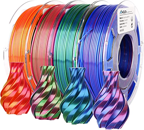 AMOLEN Silk PLA 3D Printer Filament Bundle, Shiny Multicolor Rainbow PLA Filament 1.75mm Pack, Fast Color Change PLA 3D Printing Filament for Most FDM 3D Printer, 200g X 4 Spools