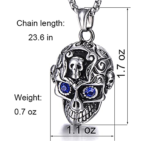 LXSSLY Blue Eye Skull Necklace for Men,Gothic Skull Skeleton Pendant Necklace,Punk Stainless Steel Necklace,Skull Jewelry Gifts for Women Men