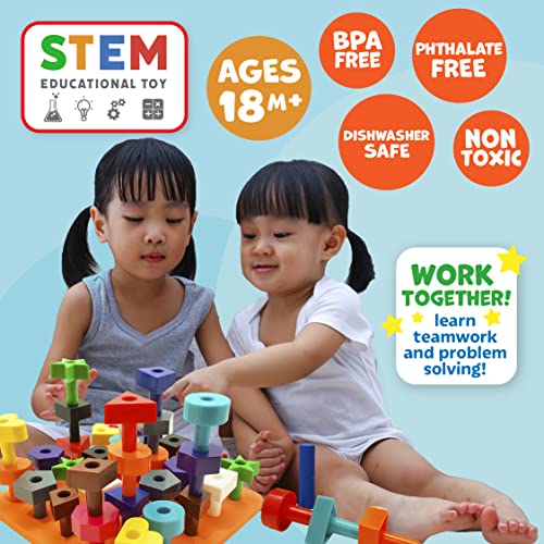 Skoolzy Toddler Peg Board 38 pcs with ebook - Pegboard for Toddlers - Stacking Peg Board - Color Matching & Shape Recognition Toy for Toddlers 3+