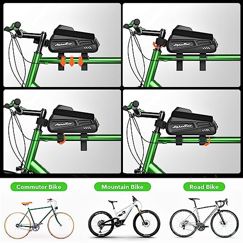 Alphantino Bike Phone Holder Bag - Waterproof Hard Case Large Capacity Top Tube Front Frame Bicycle Pouch Cycling Mount, Bike Accessories, TPU Touch-Screen & Sun-Visor (Green ZIpper)