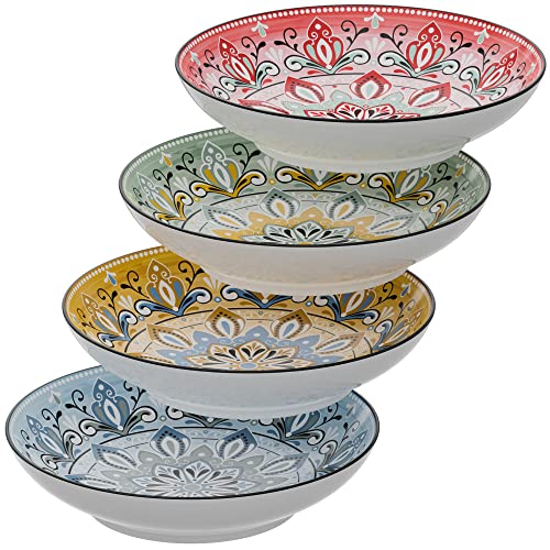 American Atelier Pasta Bowls | Set of 4 | Large, 9-inch, Dinner Serving Plates | Wide and Shallow Bowls Set for Pasta, Salad, Soup, Spaghetti, Stews, or Cereal | Medallion Motif (Blue & White)