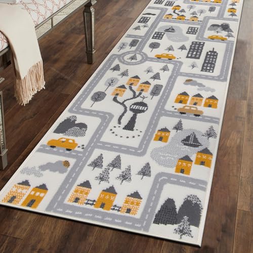 Rugshop Kids Play Road Rug for Playroom,Kidsoom,Nursery Room Interactive Cityscape for Cars and Toys Indoor Soft Runner Rug 2'x7' Cream