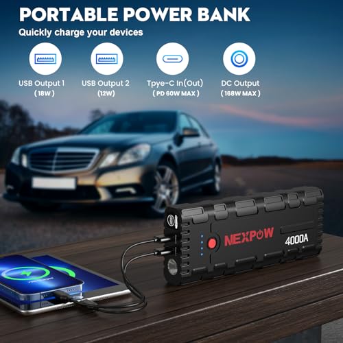 NEXPOW G17 S40 Car Jump Starter PD60W Quick Charge, 4000A Peak Jump Starter Battery Pack (All Gas Up to 10.0L Diesel Engine), 12V Lithium Jump Box, Auto Portable Battery Booster Pack with LED Light