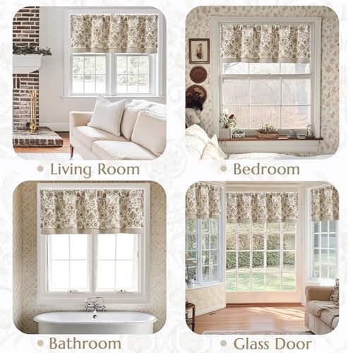 jinchan Linen Valance Double Layer Kitchen Window Curtain Yellow Leaf on Beige Valance for Living Room Cafe Farmhouse Room Darkening Rustic French Country Curtain 18 Inch Rod Pocket 1 Panel