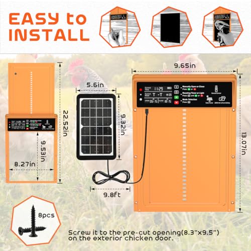 Asfrost Automatic Chicken Coop Door Solar Powered Automatic Chicken Door with Timer & Light Sensor, Anti-Pinch, Durable Aluminum Auto Chicken Door, Charge with Solar Panel & USB - Brown