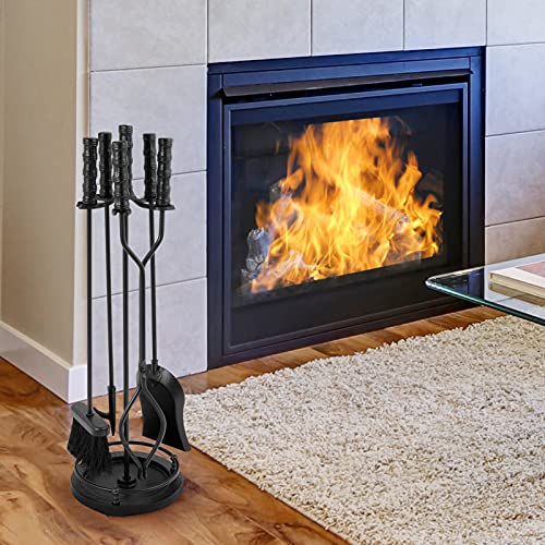 AMAGABELI GARDEN & HOME 5 Pieces Fireplace Tools Sets Wrought Iron Indoor Fireplace Set with Poker Tongs Broom Shovel Stand Fire Tools Outdoor Fire Place Fire Pit Hearth Accessories Sets Black