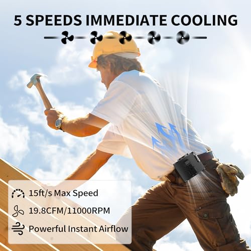 Portable Waist Fan - Hands-free Cooling Fan for Jobsite, 20H Run Time, 5 Speeds Battery Fan, Wearable Personal Neck Fan with Dual Clip, Stand, Lanyard, Suitable for Outdoor Activities and Work (Black)