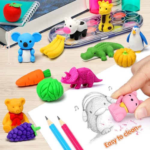 Arscniek 40 Pack Pencil Erasers for Kids Bulk Toys, Puzzle Animal Erasers 3D Mini Erasers Take Apart Food Erasers, Party Favors Desk Pets Classroom Prizes Treasure Box Stocking Stuffers for Kids