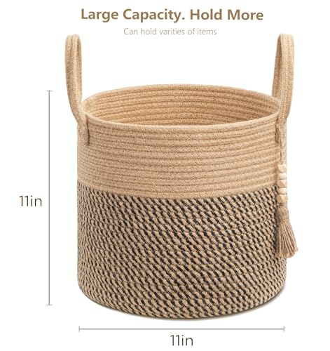 UBBCARE Woven Storage Basket - 11 x 11 inches, Decorative Rope Basket with Handles, Round Basket for Blankets, Dirty Clothes, Toys and Shoes in Living Room, Bedroom, White & Jute