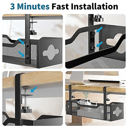 Under Desk Cable Management Tray No Drill, Metal Mesh Cable Management Under Desk with Clamp Mount, 2 Hole Cable Tray with Desk Wire Management and Desk Cord Organizer for Home Office Standing Desk