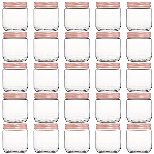 Fasmov 25 Pack 8 Ounce Clear Plastic Jars Containers with Rose Gold Lids, Round Empty Plastic Slime Storage Containers for Kitchen & Household Storage - BPA Free