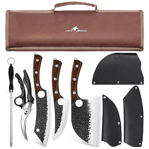 Purple Dragon 9 pcs Chef Knife Set, High Carbon Steel Hand Forged Meat Boning Carving Cleaver Butcher Knife with Accessories for Kitchen, BBQ Camping Knives Set with Roll Bag