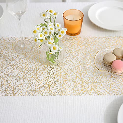 Saukiee Gold Table Runner Wedding Decor 2 Pieces Shiny Metallic Thin Mesh Table Runners Roll 11 Inchx32.8 Feet with Scissors and Soft Ruler Table Decorations for Wedding Birthday Engagement Party