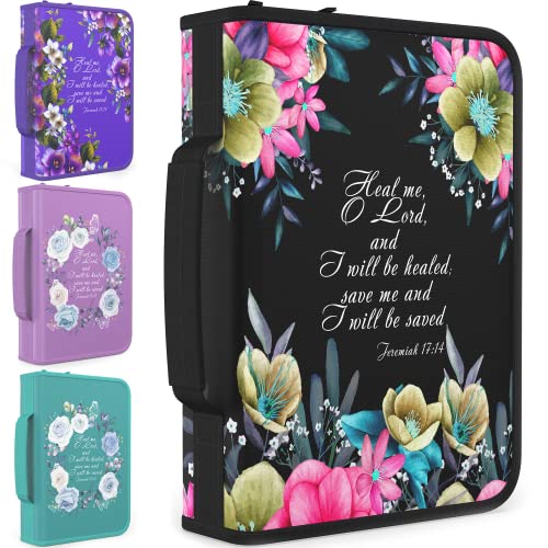 DEHITE Bible Cover Case for Women – Bible Carrying Bag Large Medium Size – | Fits Book 10.1 x 7 x 1.9 IN | Pen Slots | Zippered Pocket | Premium Fabric – Black Floral Bible Accessories Christian Gifts