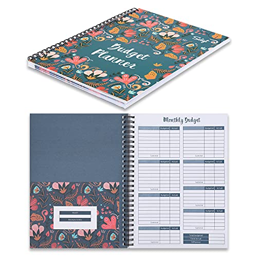 Soligt Budget Planner 2024, Monthly Budget Book Bill Organizer with 12 Pockets, Undated Home Finance Money Expense Saving Debt Tracker Notebook, 1 Year, Blue Floral, Spiral Design