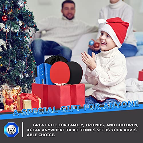XGEAR Anywhere Ping Pong Equipment to-Go Includes Retractable Net Post, 2 Ping Pong Paddles, 3 pcs Balls, Attach to Any Table Surface, Lake Blue