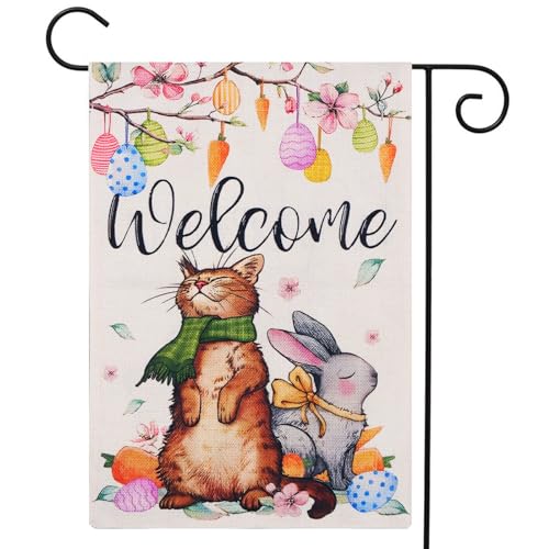 Easter Garden Flag, Welcome Garden Flag, Easter Bunny Cat Garden Flag, Spring Garden Flags 12x18 Double Sided, Decorative Garden Flags for All Seasons and Holidays