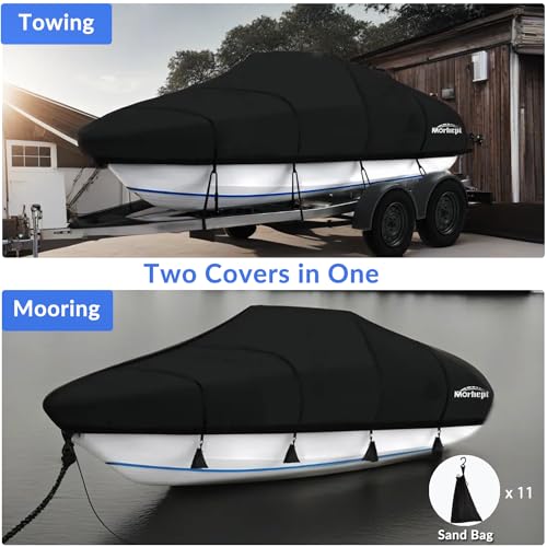 Morhept Waterproof Boat Cover 12-14 ft, Upgraded Bass Tracker Boat Cover for Mooring Towing, All-Weather Heavy Duty Boat Tarp Covers Fits Runabout, V-Hull, Tri-Hull, Black