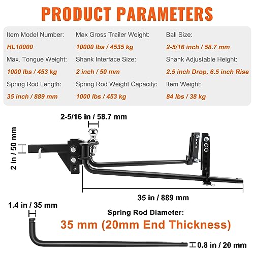 VEVOR Weight Distribution Hitch, 1,000 lbs Weight Distributing Hitches Kit with Sway Control for Trailer, 2-in Solid Steel Shank, 2-5/16 in Alloy Steel Ball, Powder Coated Load Leveling Hitch, Black