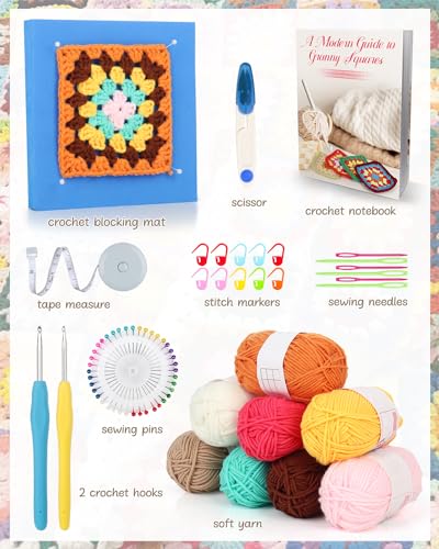 Katech Crochet Kit for Beginners, Granny Square Crochet Starter Kit for Adults Includes Crochet Blocking Mat Crochet Book, Beginner Crochet Kit for Kids Learn to Crochet Granny Squares Blanket Bags