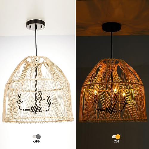Rosient Farmhouse Rattan Pendant Light Fixture, 16 Inch Large Boho Handwoven Hanging Ceiling Mount Lamp Shade, 3-Light Rustic Wicker Chandelier for Kitchen Dining Living Room Bedroom Hallway Foyer