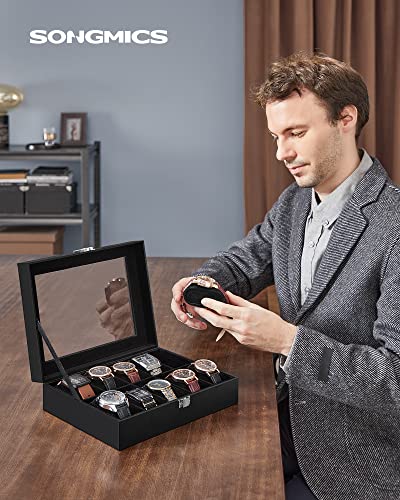 SONGMICS Watch Box, 10-Slot Watch Case with Large Glass Lid, Removable Watch Pillows, Watch Box Organizer, Gift for Loved Ones, Black Synthetic Leather, Black Lining UJWB010B02