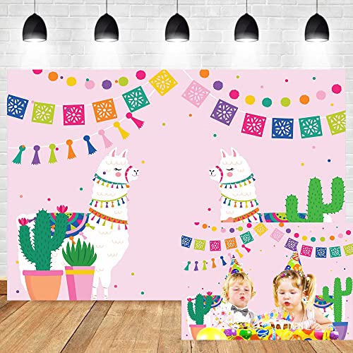 DORCEV 15x10ft Llama Backdrop Cute Alpaca Desert Cactus Colorful Dots Pink Photography Background Mexican Festival Party Supplies Girl Birthday Party Cake Table Banner Mexican Photo Booth Props