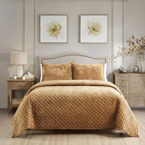 Fredsure Distressed Velvet Quilt Set, 3 Pieces Camamel Gold Queen, Distressed Velvet Face and Brushed Microfiber Reverse with Geometry Embroidery Quilting